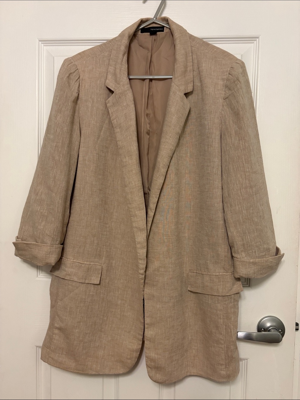 Harve Benard Taupe Linen-Blend Long Blazer